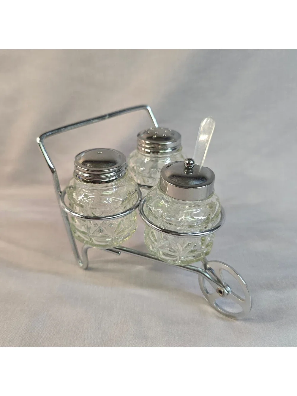 Vintage Mid-Century Chrome Wheelbarrow Condiment Set Salt, Pepper, Mustard Cruet